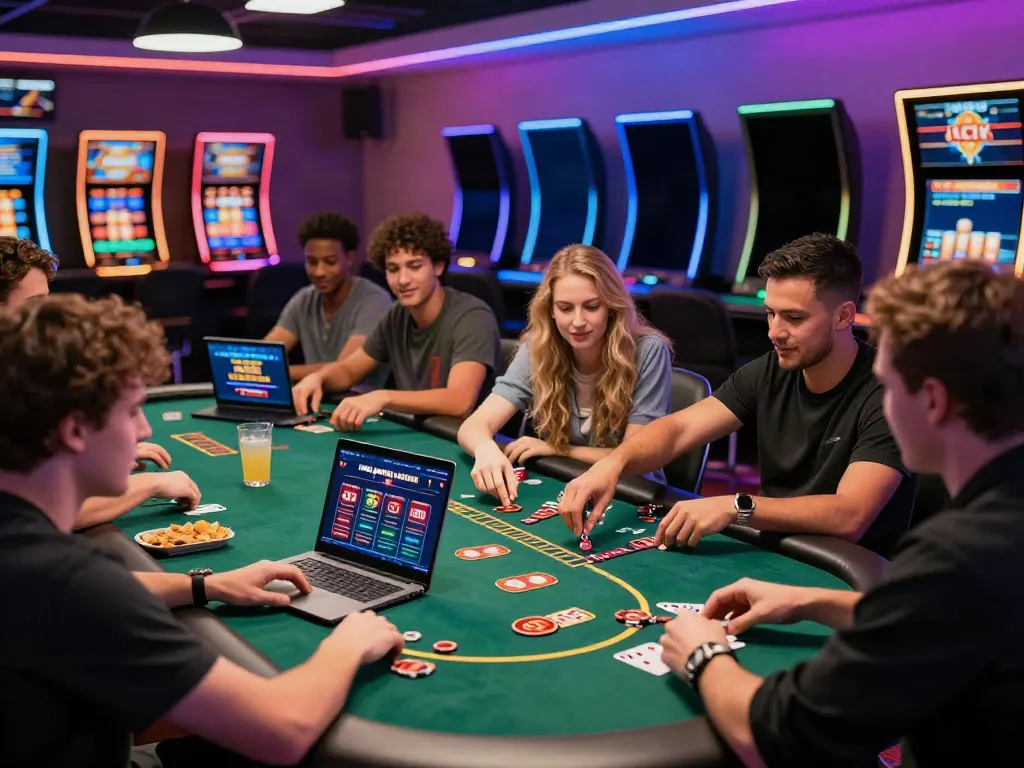 Group enjoying non gamstop casinos UK in a vibrant gaming lounge with colorful lights.