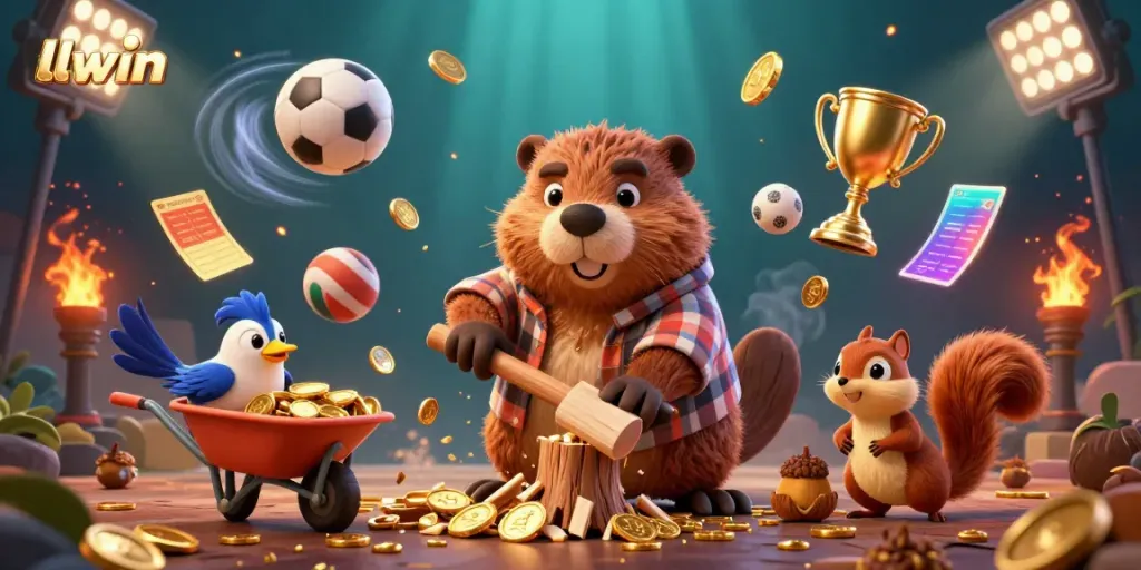 Experience thrilling wins at llwin with a vibrant 3D scene of a cartoon beaver collecting golden coins, symbolizing exciting gameplay.