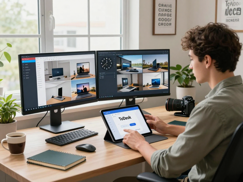 Efficient user demonstrating ToDesk remote desktop software in a modern home office setting.