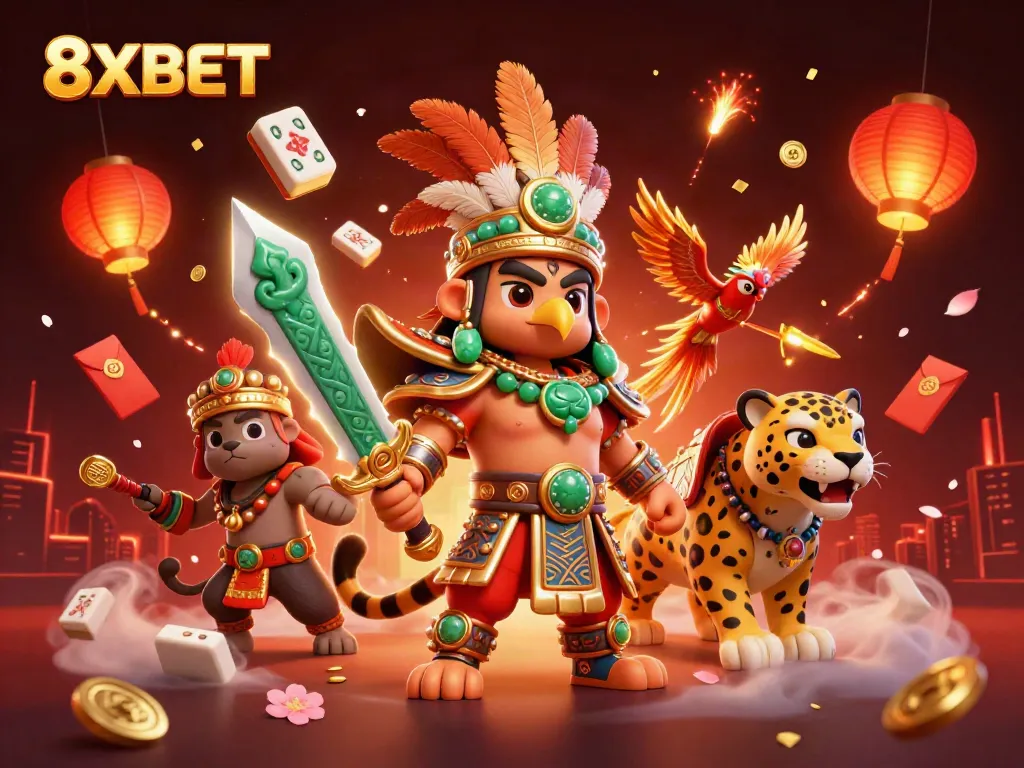 Engage with the dynamic 8XBET gaming scene featuring Aztec and jaguar warriors among floating mahjong tiles and golden symbols.