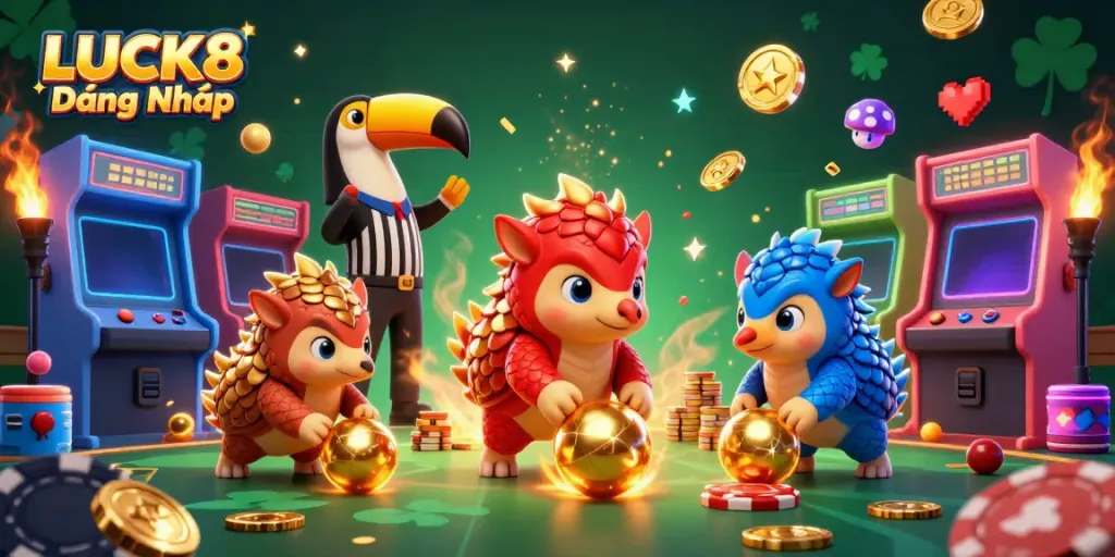 Experience LUCK8 Đăng Nhập in an action-packed gaming scene with rival pangolins and vibrant casino elements.