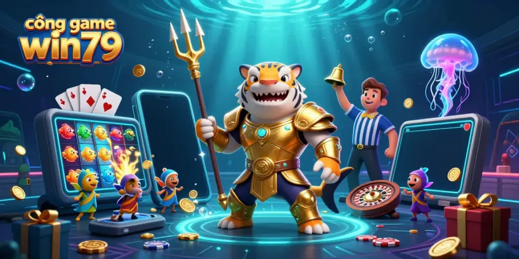 Experience the excitement of cổng game win79 with a vibrant underwater casino scene featuring a gladiator shark and slot games.