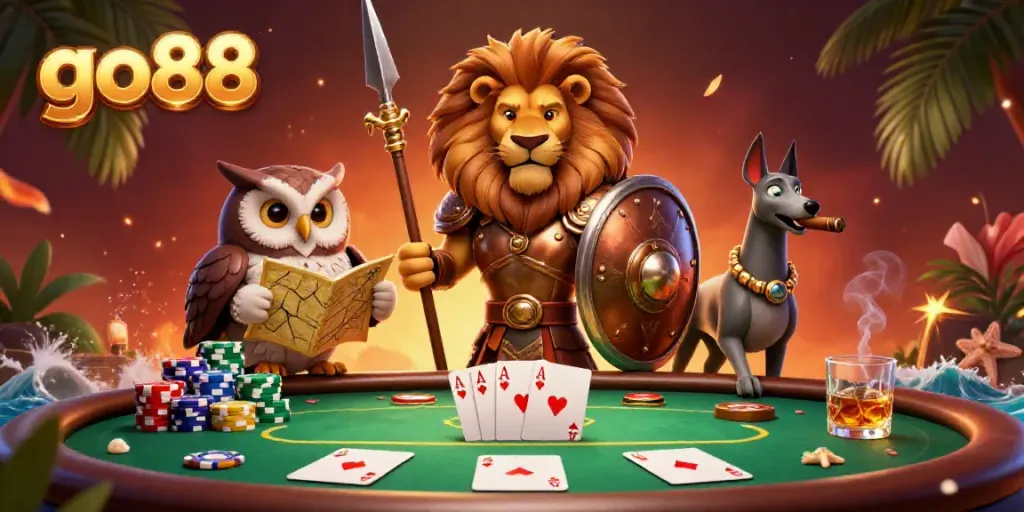 Experience thrill at go88 with a dynamic poker scene featuring a Spartan lion, owl strategist, and greyhound messenger.