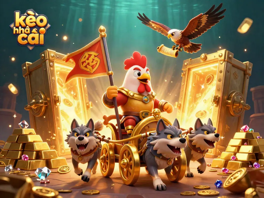 Engage in thrilling battles over kèo nhà cái with a majestic rooster warlord in a dazzling treasure-filled setting.