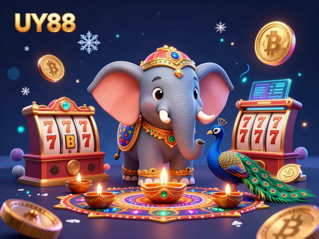 Join the excitement at UY88 with vibrant 3D casino elements and a Diwali-themed elephant.