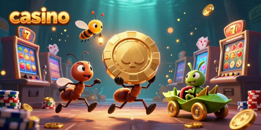 Team of cartoon ants executing a casino heist featuring a giant poker chip and colorful slot elements.