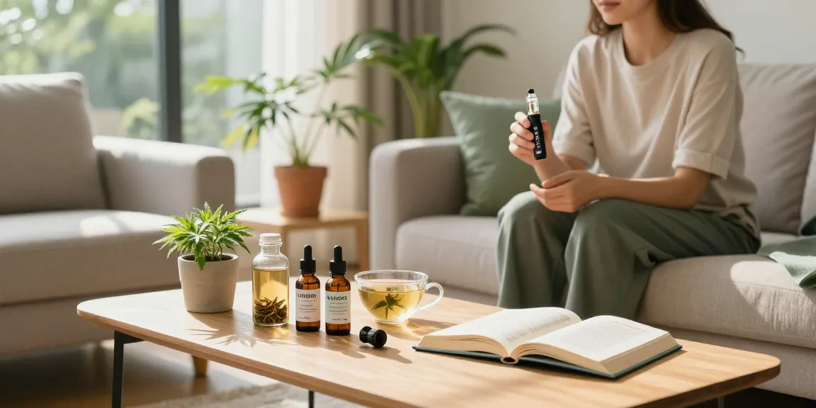 Relaxed individual using thc vapes uk device surrounded by natural wellness products like CBD oil and hemp plants.