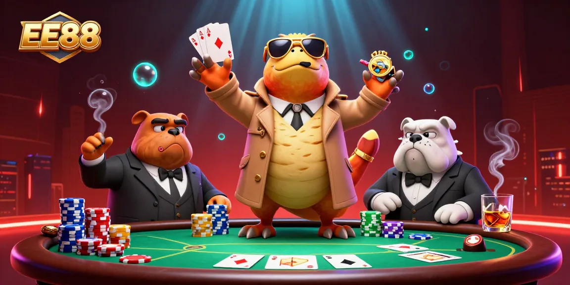 Engage with EE88's dynamic VIP casino scene featuring playful cartoon raptors in disguise