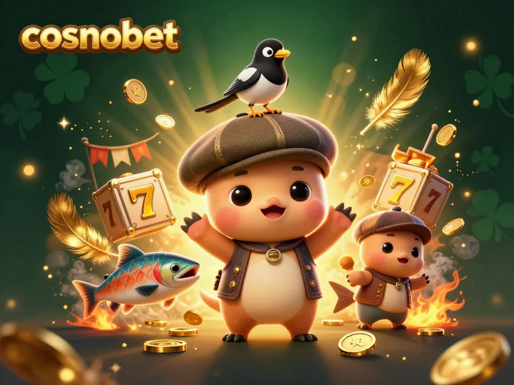 Spin the reels at cosmobet with Nessie and friends in a vibrant, fun casino scene.