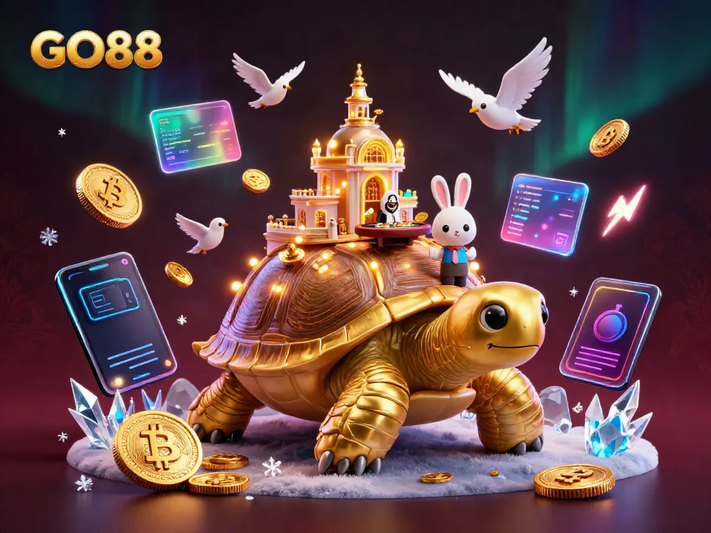 Experience thrilling gameplay with GO88's cartoon casino featuring a golden tortoise and rabbit dealer.