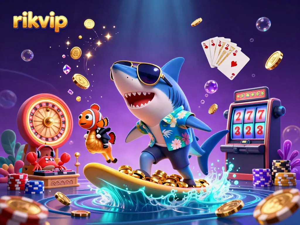 Experience excitement with rikvip as a shark surfs on gold coins, surrounded by casino elements.