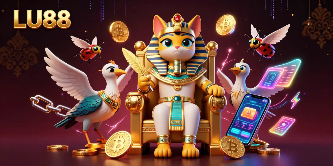 Experience thrilling gaming with LU88: an Egyptian pharaoh cat surrounded by crypto elements in a vibrant casino scene.