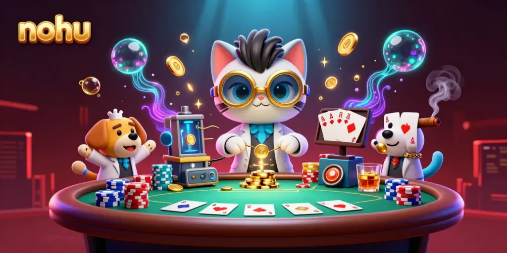Experience thrilling nohu gameplay with a cartoon mad scientist cat creating jackpots in a lively casino scene.