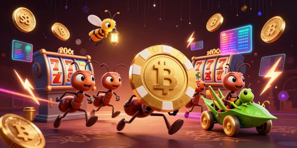 Join the action at s8 with animated ants carrying a giant poker chip in a vibrant casino heist scene.