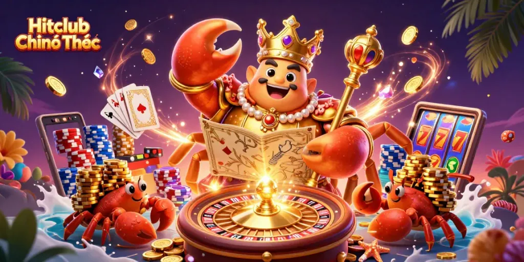 Experience thrilling games at Hitclub Chính Thức with dynamic casino elements featuring a golden crab emperor.