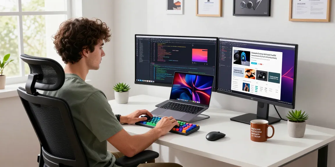 Professional workspace featuring an M5 MacBook on a minimalist desk surrounded by dual monitors and tech memorabilia.