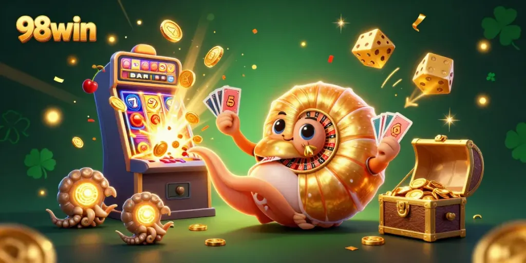 Experience the excitement of 98win's casino world with a vibrant scene of gaming elements bursting with rewards.