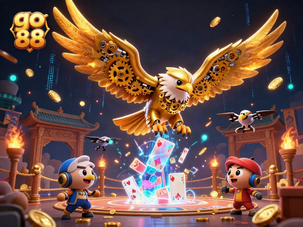 Experience the thrill of go 88 with a cybernetic eagle soaring through holographic cards and vibrant casino elements.