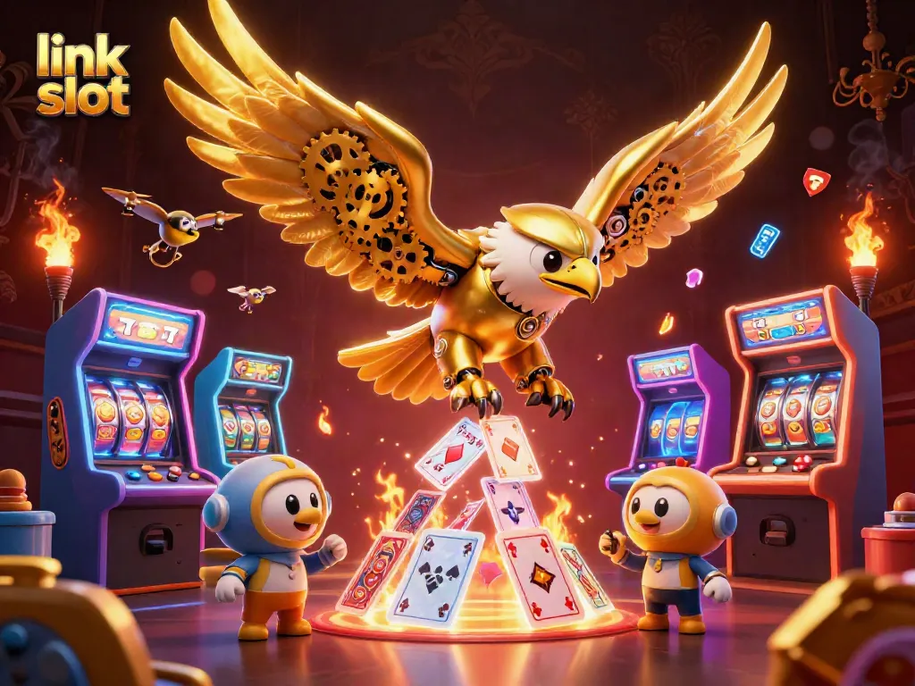 Spin the link slot with a 3D golden eagle amidst vibrant casino game elements.