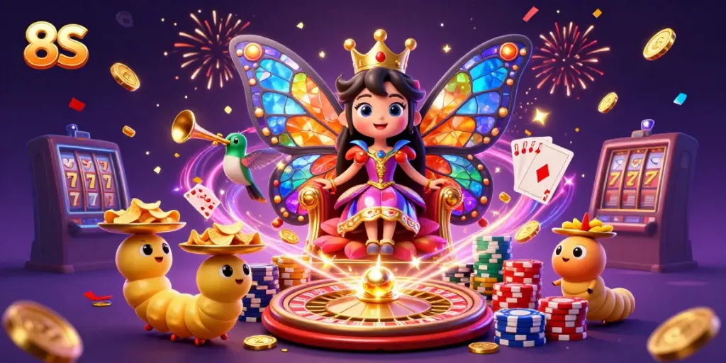 8S themed illustration showcasing a butterfly queen and casino elements in a dynamic setting.
