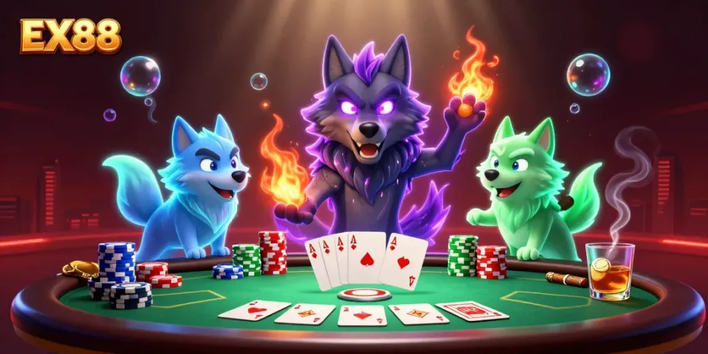 EX88 showcases a dynamic casino scene featuring ghostly wolves and vibrant poker elements.