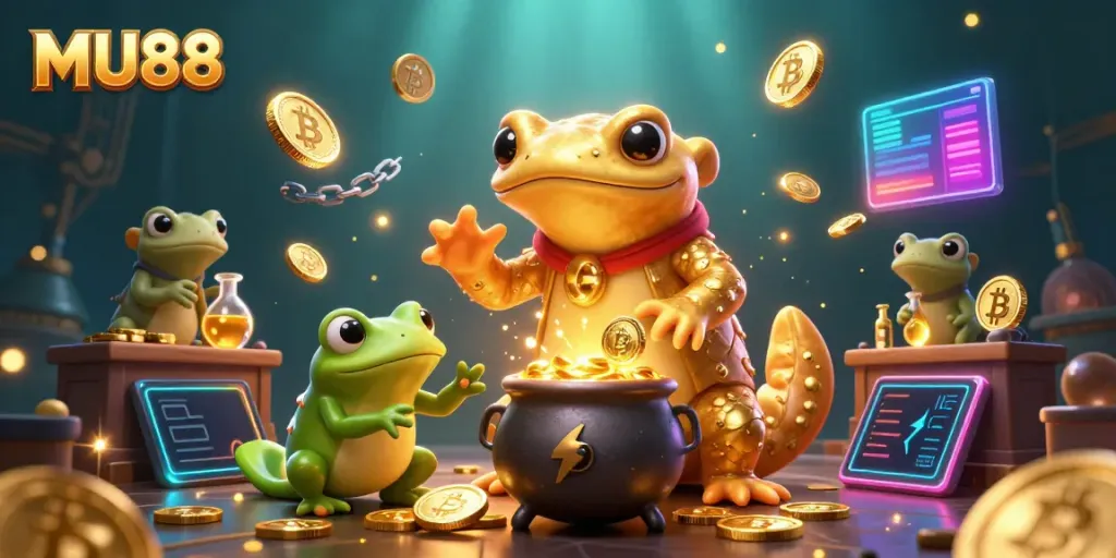 Engage with MU88's animated casino world featuring gold alchemy and crypto finance.