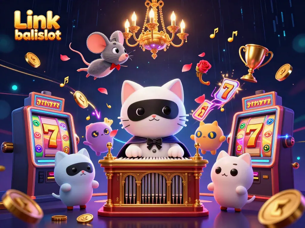 Experience the excitement of Link balislot with this vibrant casino-themed 3D scene showing intricate characters and gaming elements.