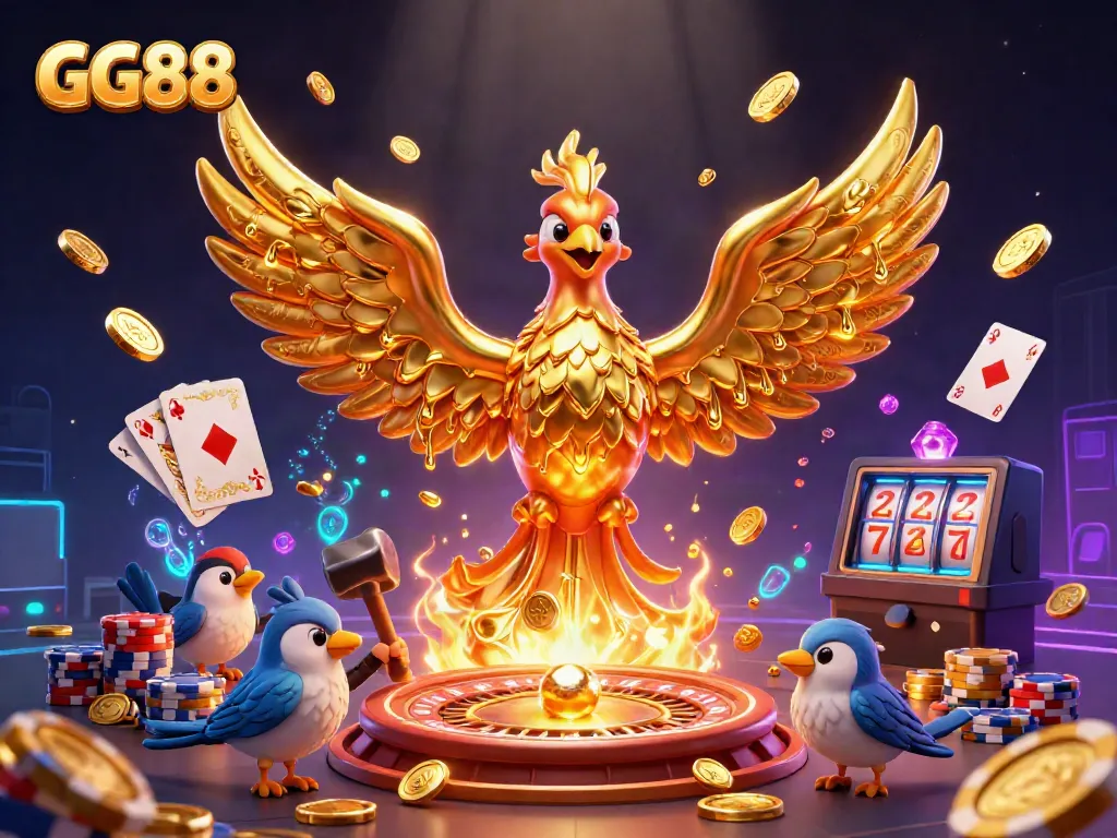 Experience the thrill of winning with the GG88 golden phoenix, vibrant casino elements, and dazzling effects.