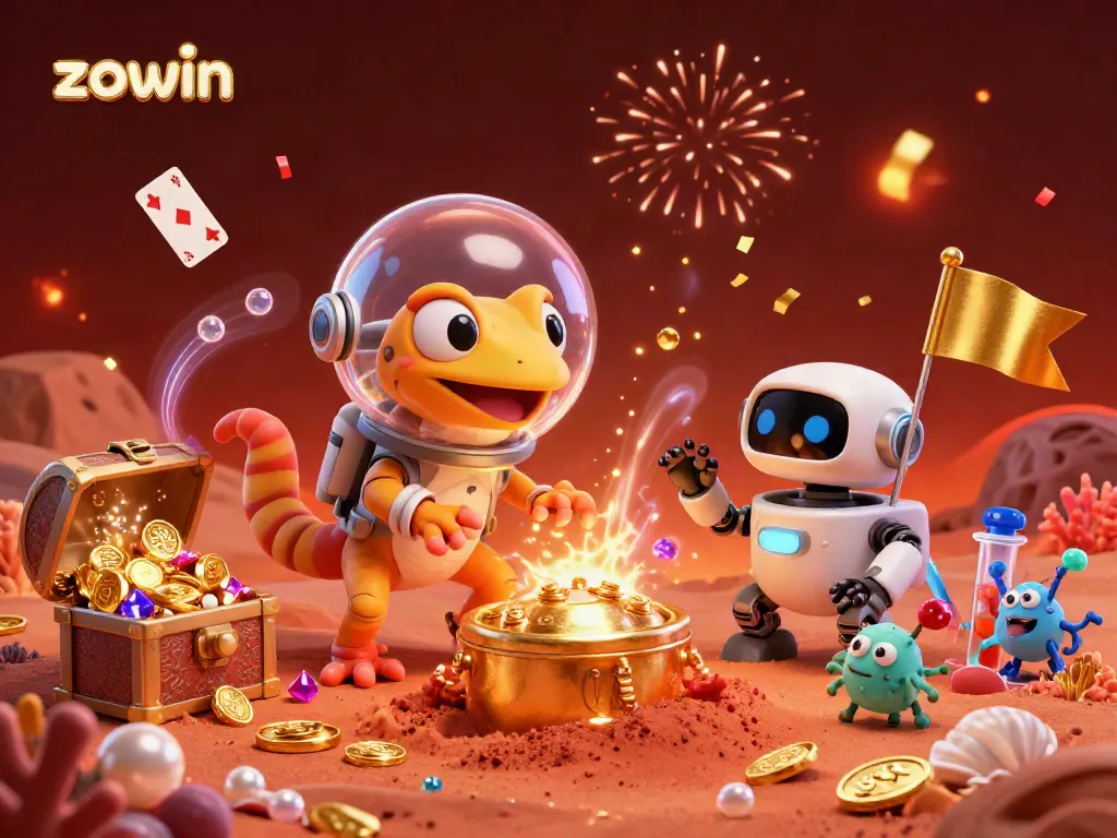 Experience the excitement of zowin with a Martian gecko exploring a golden casino while vibrant elements enhance the adventure.