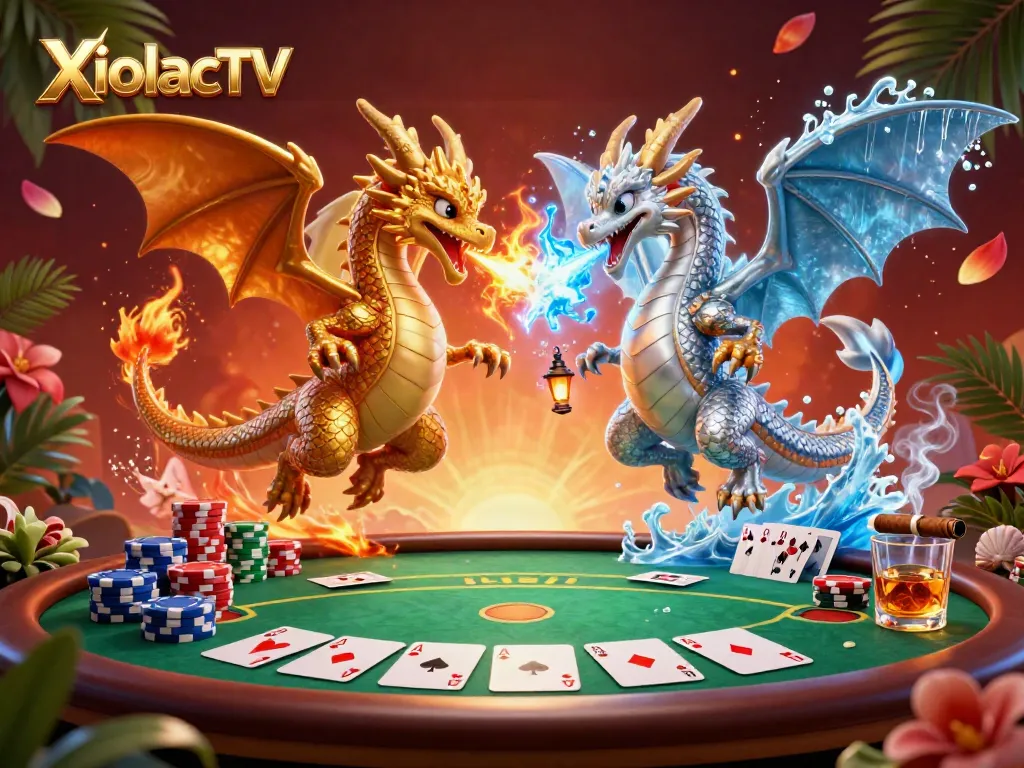 XoilacTV showcases a vibrant 3D illustration of two intertwined dragons with dynamic poker elements, capturing a thrilling gaming experience.