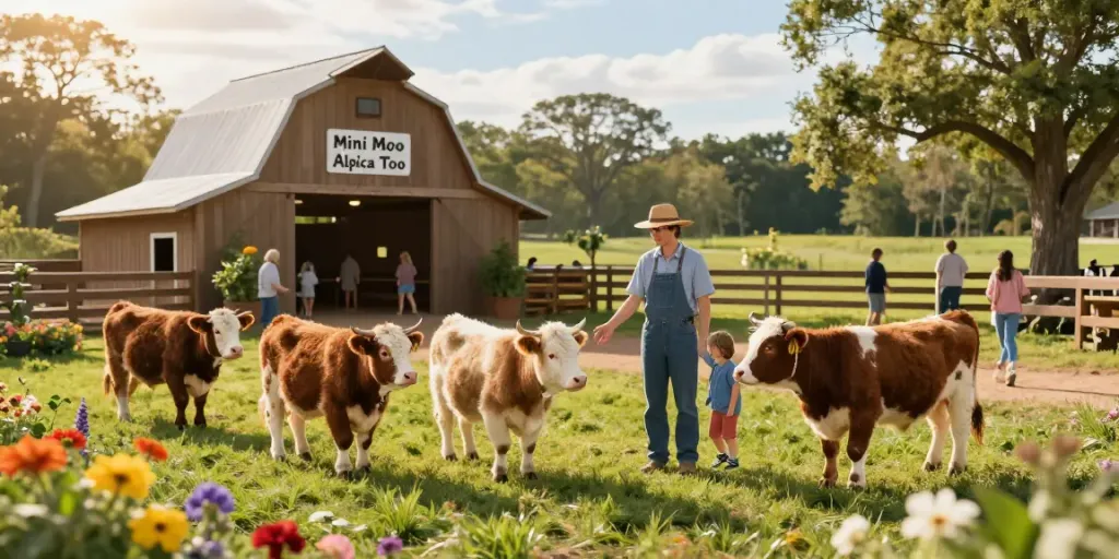 Mini Moo Alpaca Too Farm scene with gentle miniature cows and family visitors in Monticello, Florida.