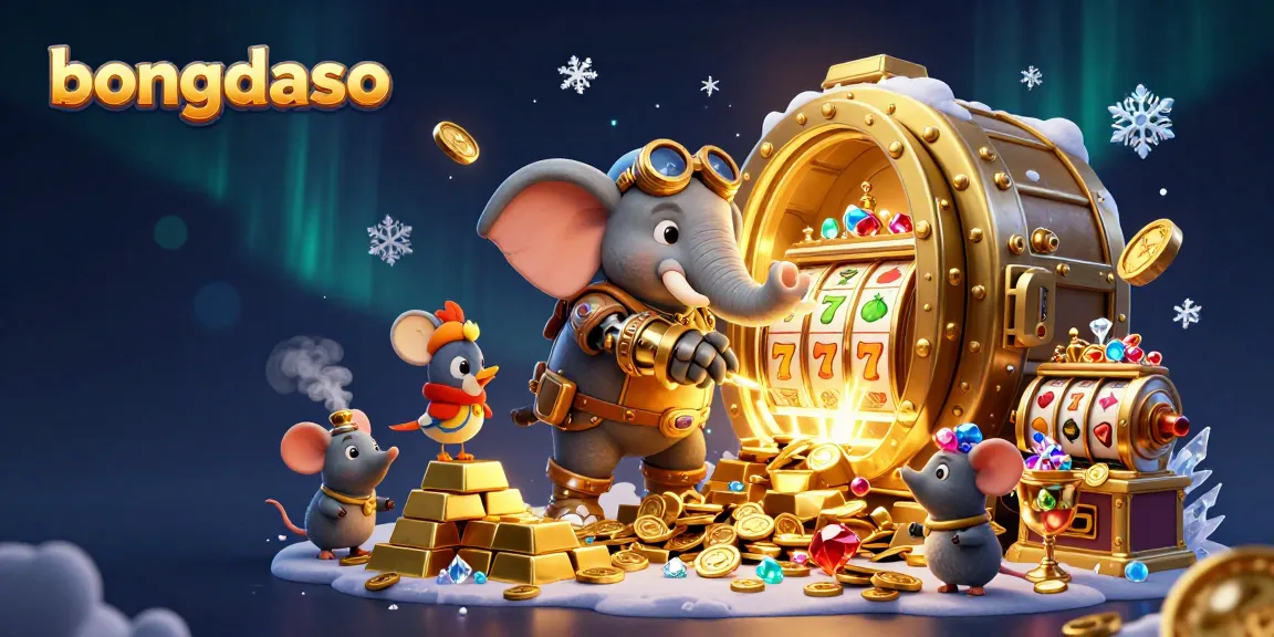Spin the bongdaso golden slot machine amid treasures and characters in vibrant casino-themed scene.