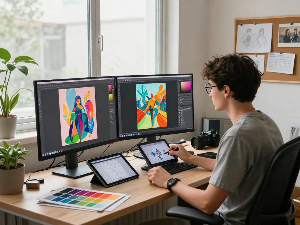 Creating nsfw ai artwork in a vibrant digital art studio with modern tools and natural lighting.