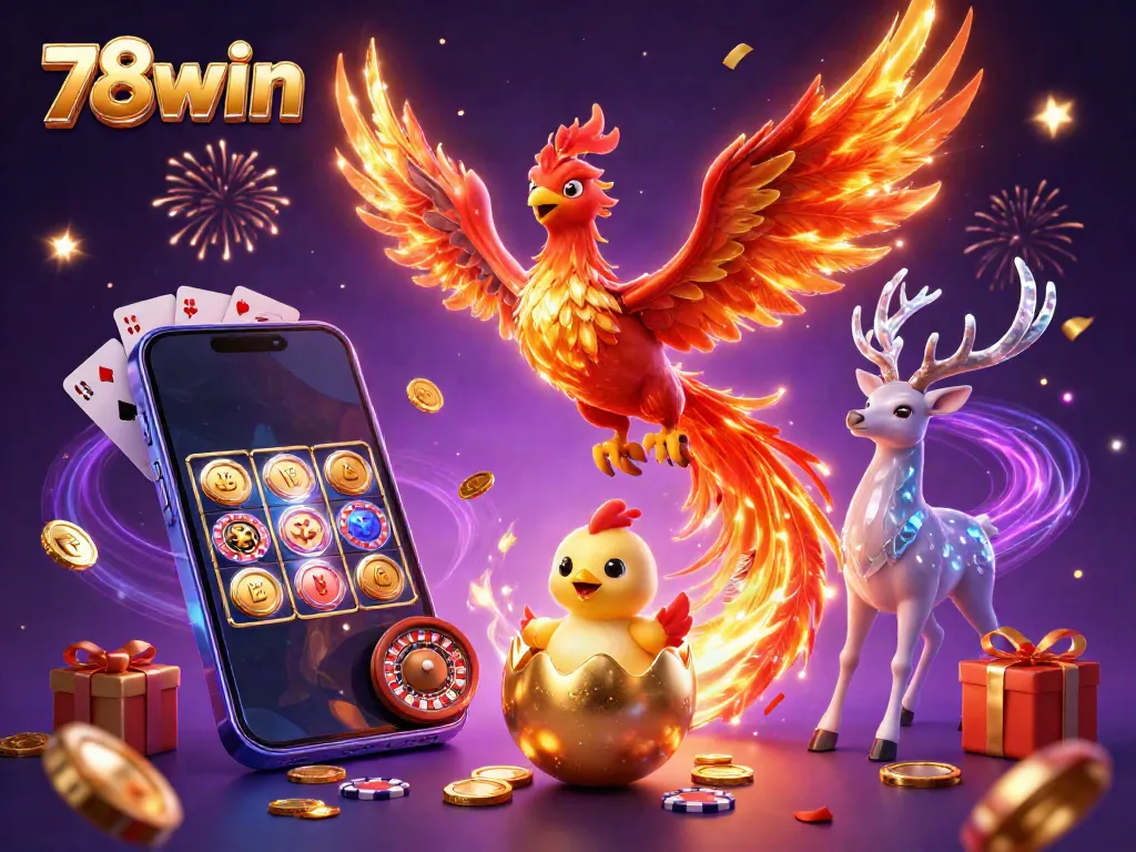 Experience the excitement of 78win with vibrant phoenix characters, slot games, and festive elements.