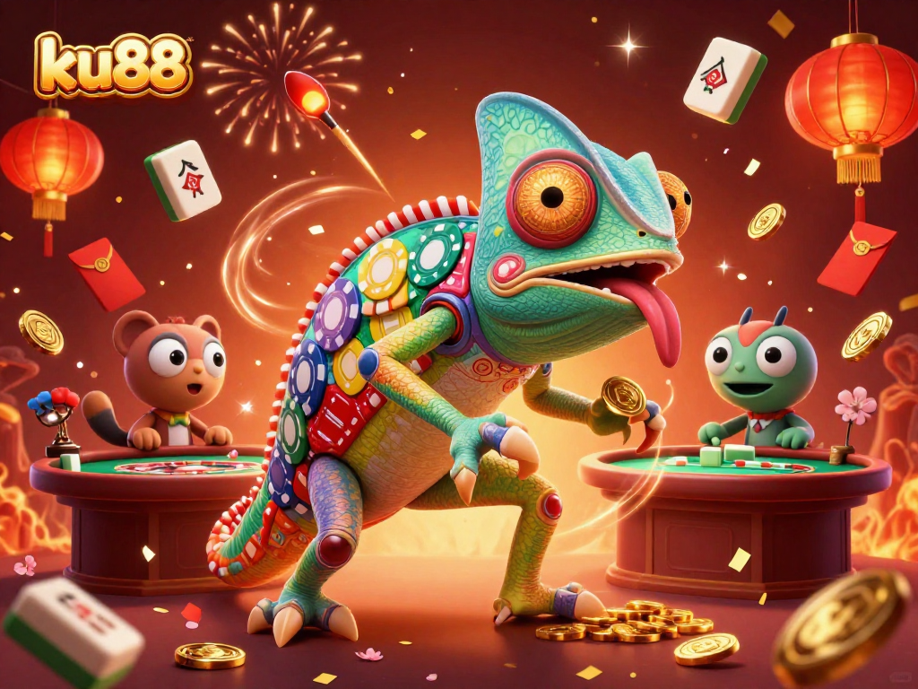 Engage with ku88's vibrant gaming scene featuring a chameleon casino owner amidst festive elements.