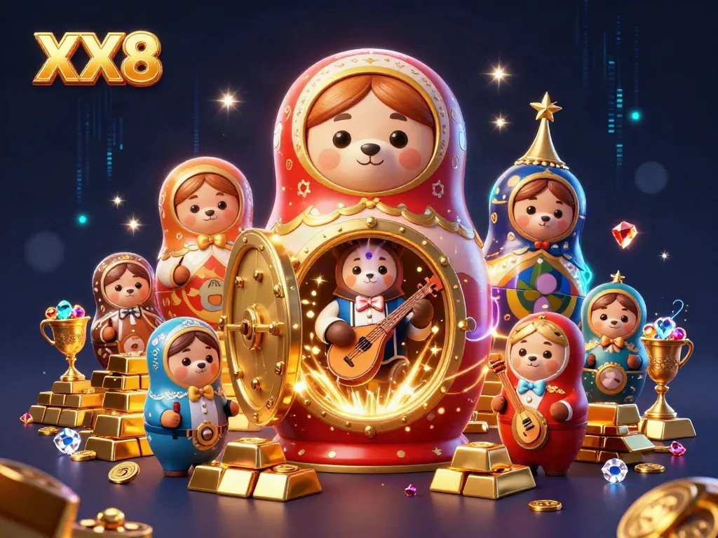 Experience casino excitement with XX8's vibrant Matryoshka bear and golden treasures in this dynamic illustration.
