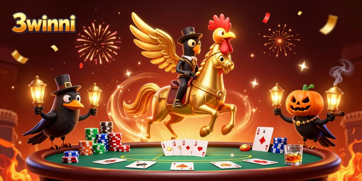 Engage in exciting casino action with 3winni's vibrant golden rooster character amidst poker fun.