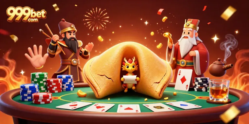 Engage with the vibrant 999bet com casino scene featuring a golden fortune cookie and poker elements.