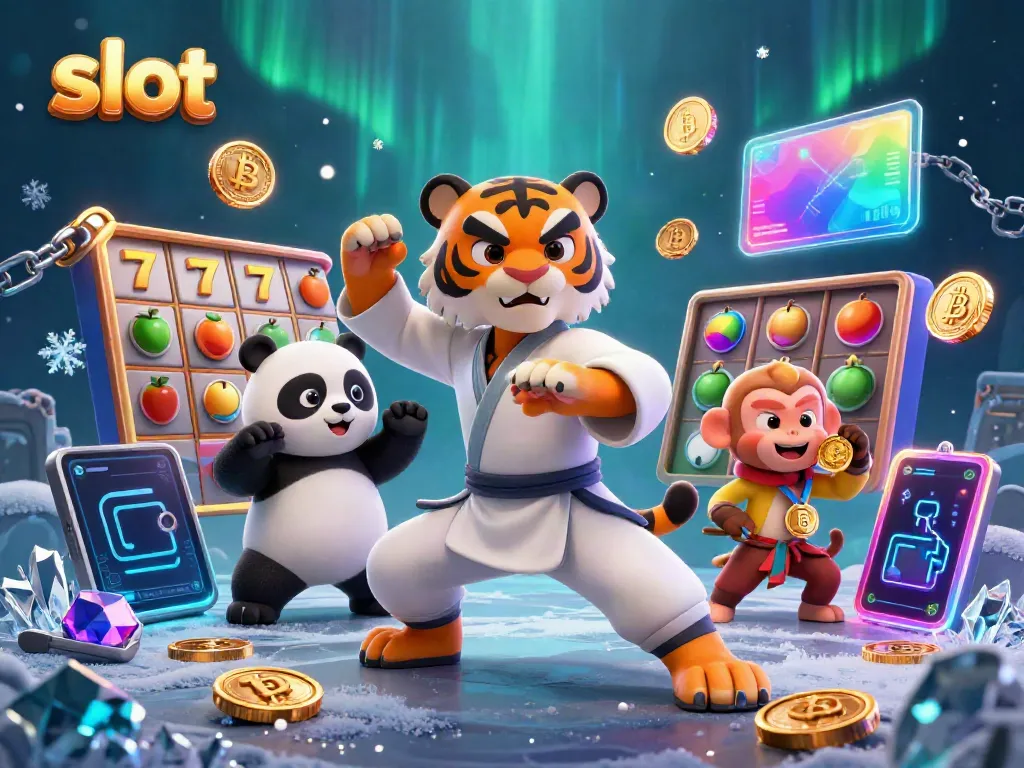 Spin slot reels with a kung fu tiger and panda in a vibrant casino scene featuring gold coins.