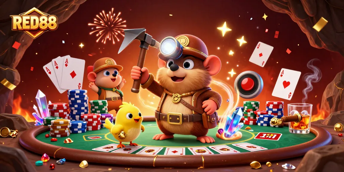 Experience thrilling gameplay with RED88 featuring a treasure hunter mole, poker elements, and dynamic casino atmosphere.