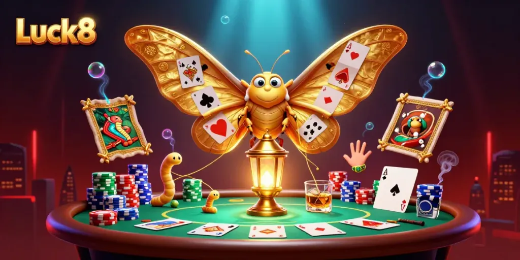 Engage with Luck8's vibrant casino scene featuring golden moths and poker elements.