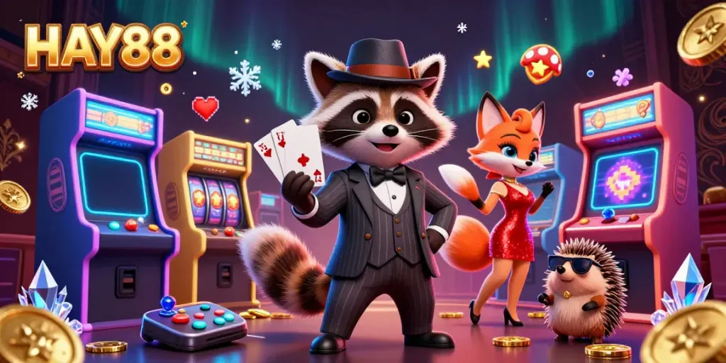 Experience the thrill with HAY88's vibrant casino scene featuring iconic characters and colorful gaming elements.