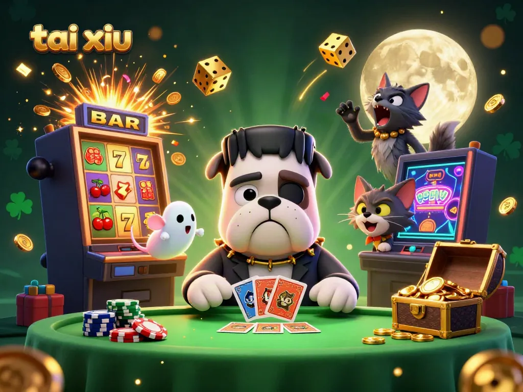 Engage in tai xiu with a lively 3D scene featuring colorful casino elements, characters, and dramatic lighting.