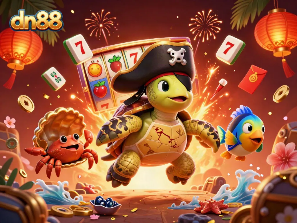 Engage with dn88's colorful casino adventure featuring a pirate turtle, crab, and fish amidst gaming elements.
