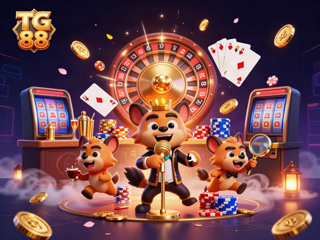 Experience the excitement of TG 88 casino with lively hyena characters in a vibrant, interactive scene.