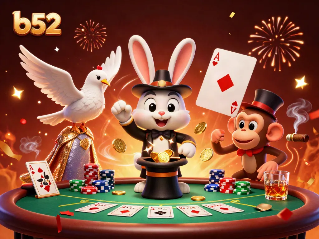Experience the thrill of b52 casino games with magical characters, poker chips, and vibrant celebrations.