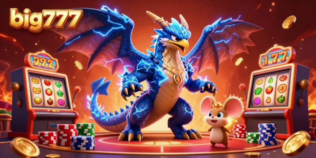 Feature a dynamic gaming scene with the big777 thunder dragon, showcasing slot reels, poker chips, and vibrant casino action.