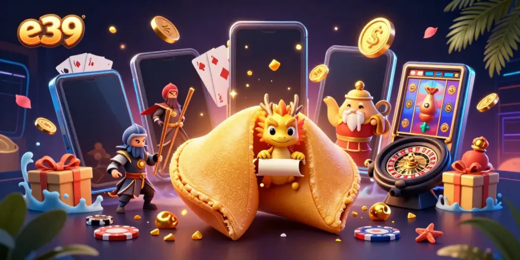 Experience the dynamic world of e39 with vibrant characters and casino elements in this illustration.