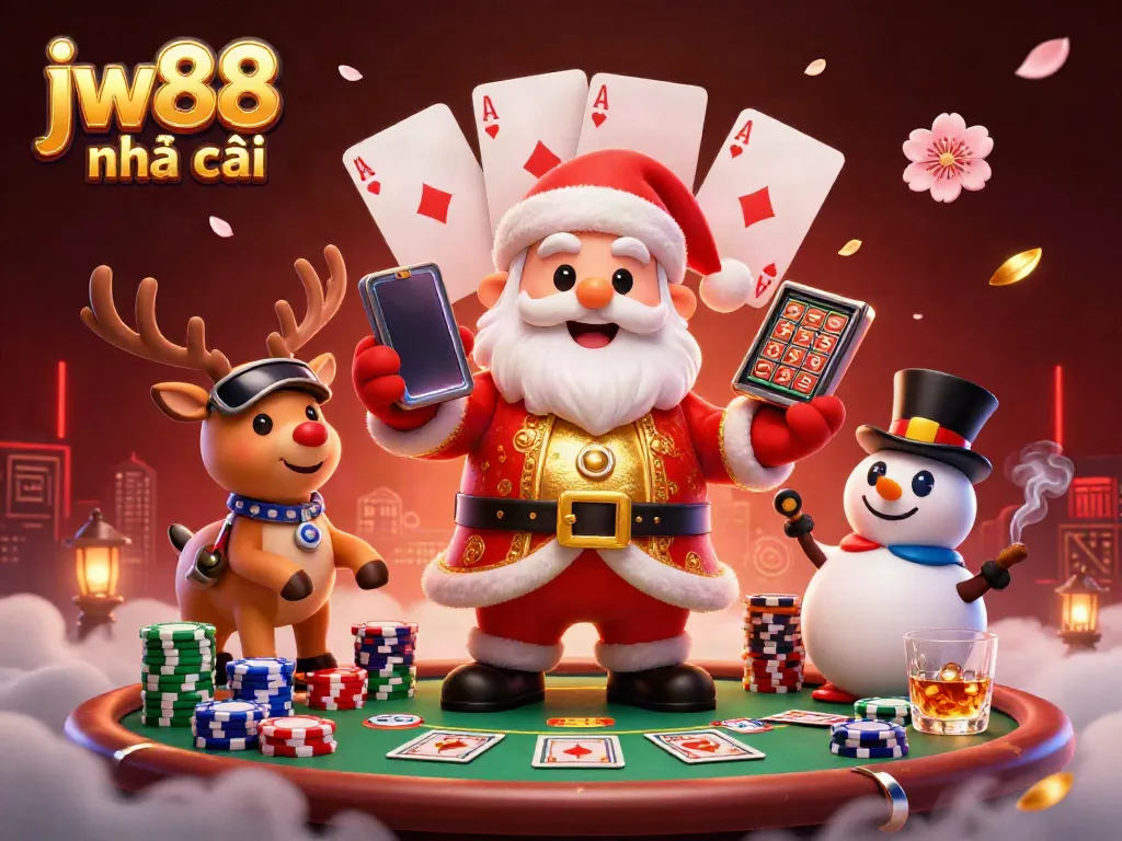 Engage with jw88 nhà cái showcasing a festive casino scene featuring Santa with jackpot slots and vibrant game elements.