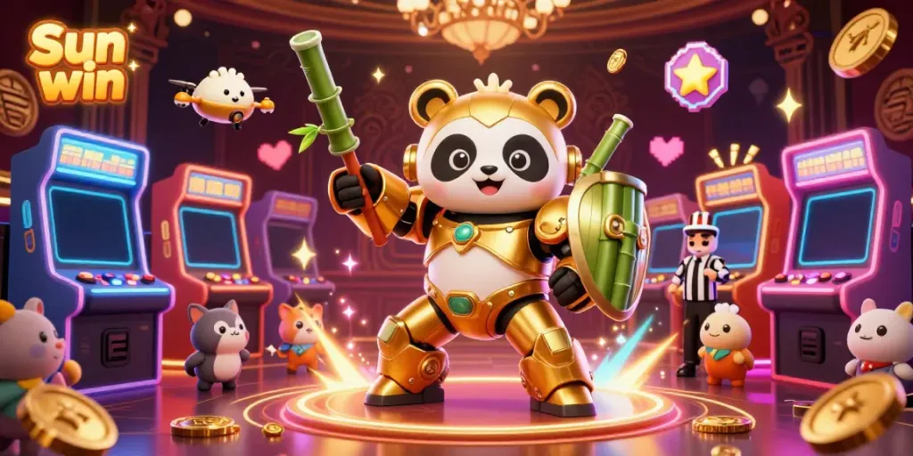 Experience thrilling gaming action at Sun win with vibrant characters and casino elements.
